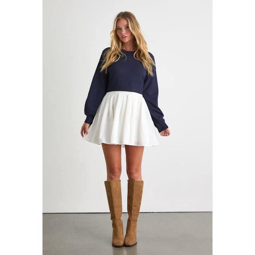 Lulus Contemporary Comfort Navy Layered Pleated Sweater Mini Dress Blue - Size S